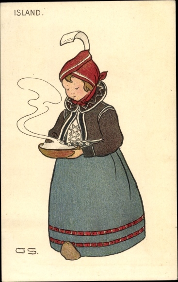 Artist Postcard Iceland, Woman in Icelandic folk costume