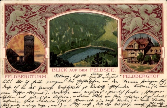 Art Nouveau Chromo-Litho Feldberg in the Black Forest Baden Württemberg, Feldberg Tower, Feldsee, squirrel