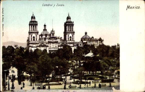 Ak Ciudad de Mexico Mexico City Mexiko Stadt, Catedral y Zocalo, farbenfrohe , Bäume, Menschen, P