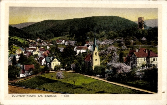 Postcard Tautenburg in Thuringia, summer landscape, church, residential buildings