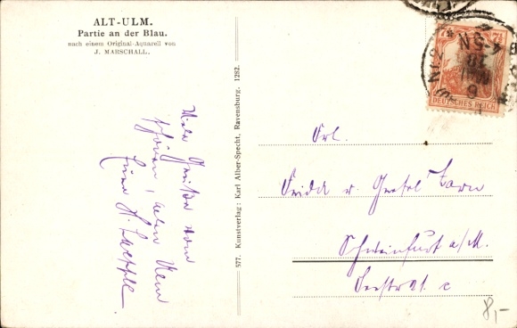 Artist Postcard Marschall, J., Ulm on the Danube, Part on the Blau