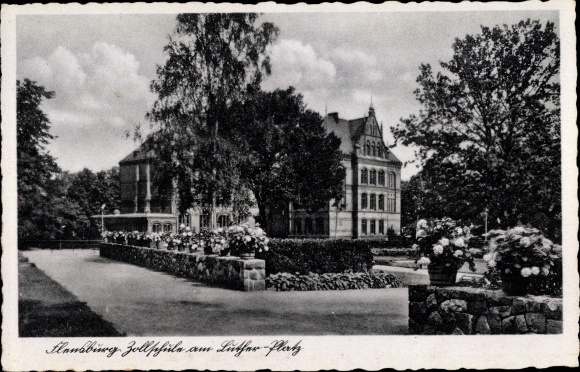 Postcard Flensburg in Schleswig Holstein, customs school at Luther Platz