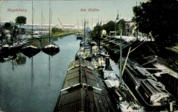Postcard Magdeburg an der Elbe, Am Hafen