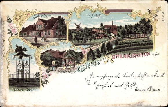 Chromo-Litho Hohenkirchen Wangerland Friesland, Hotel zur Post, Bismarck oak, total view, inn