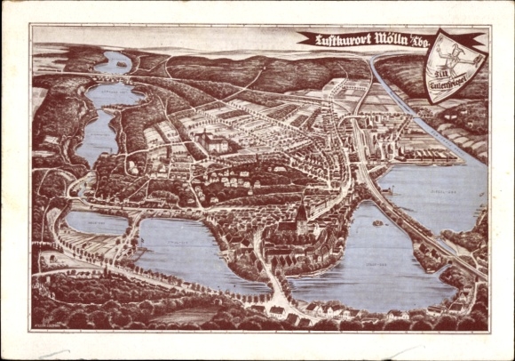 Postcard Mölln in the Duchy of Lauenburg, aerial view of rivers and buildings, landscape drawing