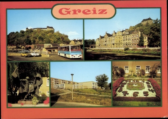 Ak Greiz im Vogtland, busstation, Elstersteg, monument, bloemenklok, ontwikkelingsgebied Pohlitz Reißberg