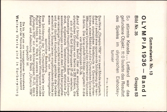 Collection picture Olympia 1936, ice hockey game Canada vs. Latvia