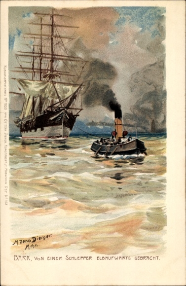 Artist Chromo-Litho Diemer, Zeno, Barque brought up the Elbe by a tugboat