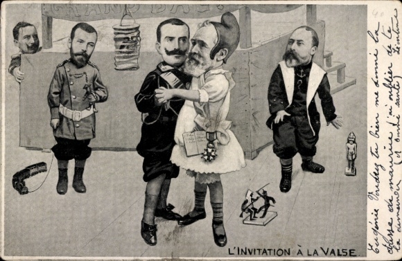 Postcard L'Invitation à la Valse, Emile Loubet, Viktor Emmanuel III, Edward VII, Tsar Nicholas II, Emperor