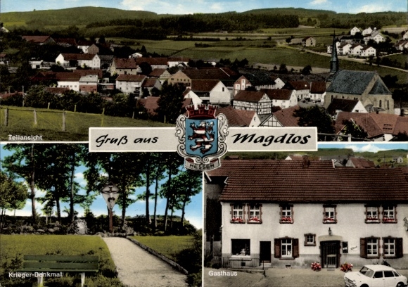 Postcard Magdlos Flieden in Hesse, partial view, warrior memorial, inn and butcher shop Karl Jahn