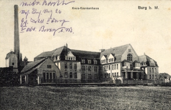 Postcard Burg near Magdeburg, District Hospital