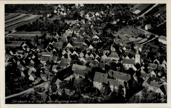 Postcard Dörzbach an der Jagst Württemberg, aerial view of village view, many roofs, church to see