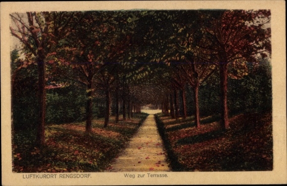 Postcard Rengsdorf in the Westerwald, climatic health resort path to the terrace, trees, path