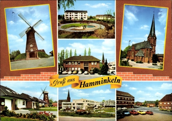 Ak Hamminkeln am Niederrhein, Windmühle, Wohngebäude, Spielplatz, Kirche, Stadtszenen