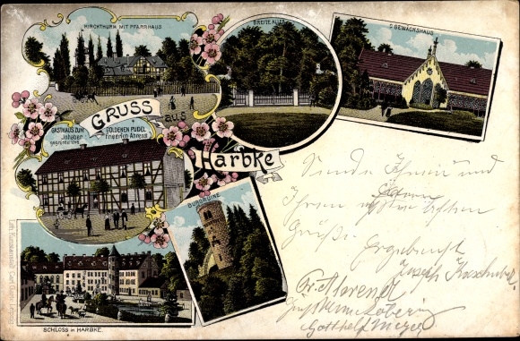 Chromo-Litho Harbke in Saxony Anhalt, church tower, rectory, inn Zum goldenen Pudel, castle