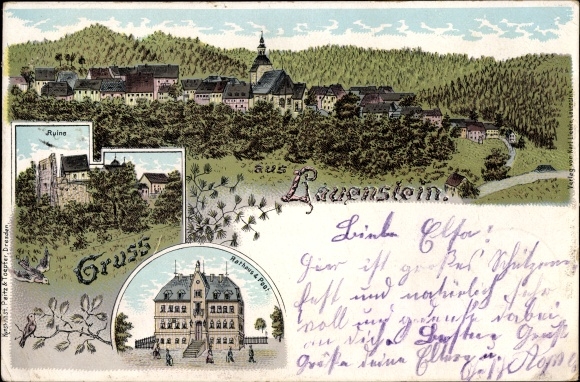 Chromo-Litho Lauenstein Altenberg in the Ore Mountains, ruins, town hall, post office, view of the town