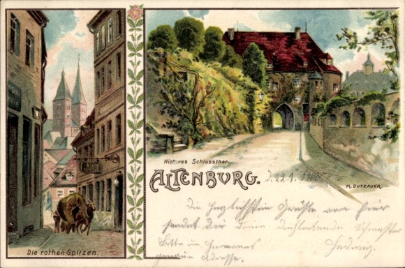 litho Altenburg in Thüringen, De rode pieken, achterste kasteelpoort