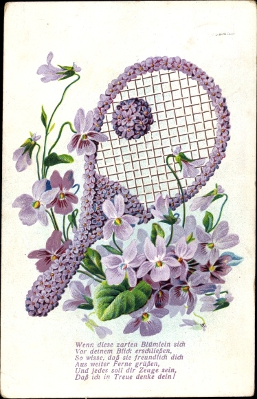 Embossed Postcard tennis racket made of flowers, kitsch, purple