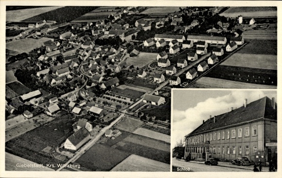 Postcard Giebelstadt in Lower Franconia, aerial view of the castle, numerous residential buildings, fields