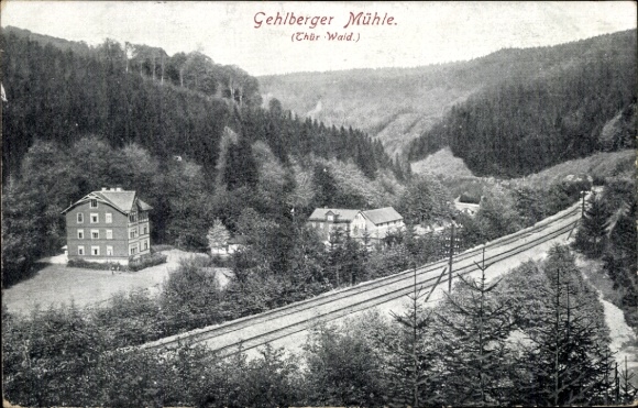 Ak Gehlberg Suhl in Thüringen, Gehlberger Mill, Thüringer Woud, bossen, spoorlijnen, gebouwen