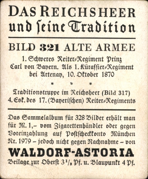 Collector's picture The Imperial Army and its tradition 321 Old Army, Rider Regt. Prince Carl v. Bavaria 1870