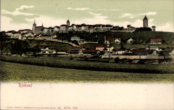 KP Romont Glane Kanton Fryburg, widok na miasto ze wzgórza, domy, kościół, wieża