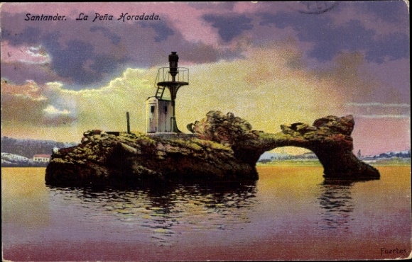 Postcard Santander Cantabria Spain, lighthouse, rocks, water, clouds, evening atmosphere