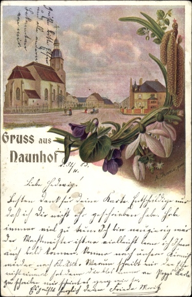 Künstler Ak Naunhof im Kreis Leipzig, Straßenpartie, Kirche, Blumen