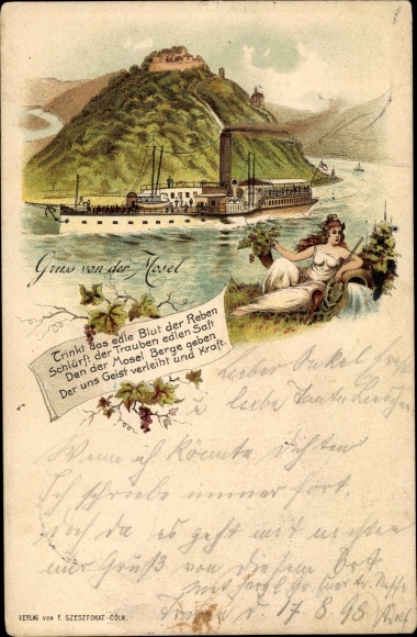 Chromo-Litho Greetings from the Moselle, saloon steamer, drink the noble blood of the vines