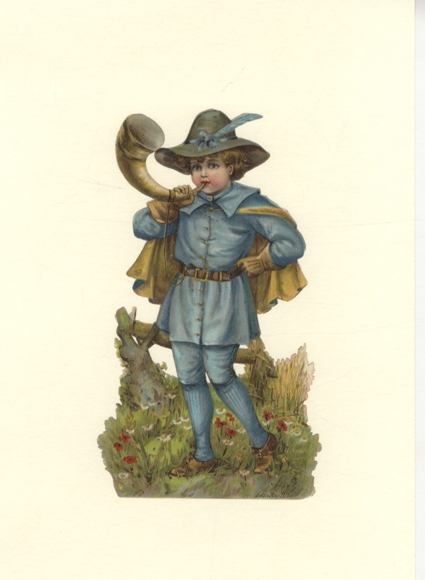 Wafer "Little Boy Blue" met zijn jachthoorn uit een Engels kinderliedje, afmeting ca. 19,5 x 11 cm