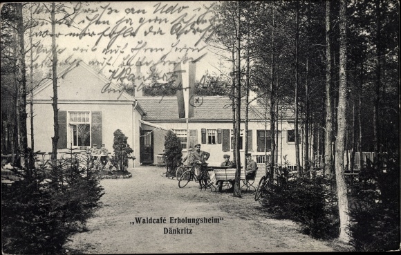 Postcard Dänkritz Sachsen, &quot;Waldcafe rest home&quot;, men with bicycles