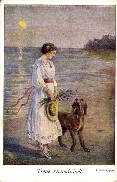 Künstler Ak Mailick, A., Treue Freundschaft, Frau mit Hund am Ufer, Mondschein