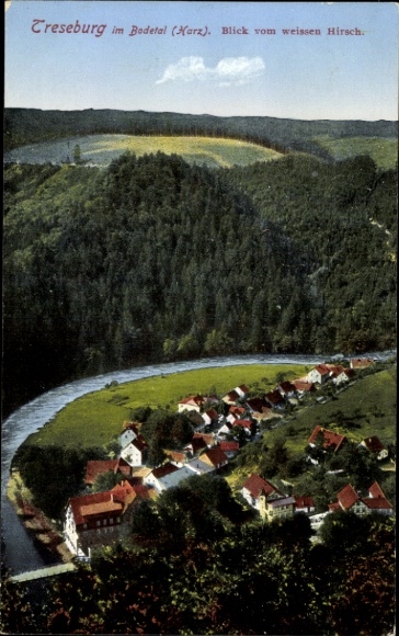 Ak Treseburg Thale im Harz, Blick vom weissen Hirsch, Treseburg im Bodetal, Harz, Landschaft, Häu