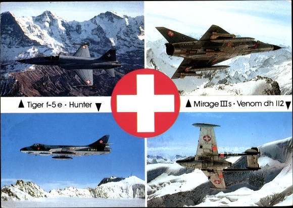 Postcard Swiss military aircraft, Tiger f-5e, Hunter, Mirage IIIs, Venom ie II2
