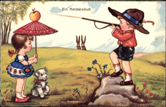 Kunstenaarskaart Boriss, M., Kleine jager schiet op de appel, Amag 0318