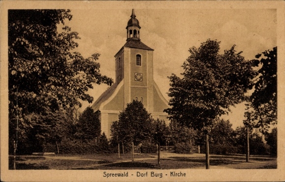 Ak Burg im Spreewald, Spreewald dorp met kasteel - kerk