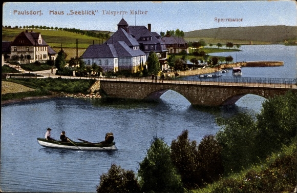Postcard Malter Dippoldiswalde, dam Malter, Paulsdorf, house lake view, dam, boat