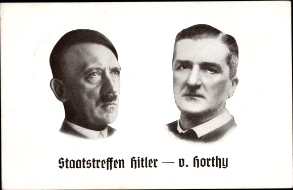 Postcard Führer and Chancellor Adolf Hitler, Miklos von Horthy, state meeting