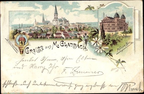 Chromo-Litho Mönchengladbach on the Lower Rhine, Kaiserbad, total view, city coat of arms
