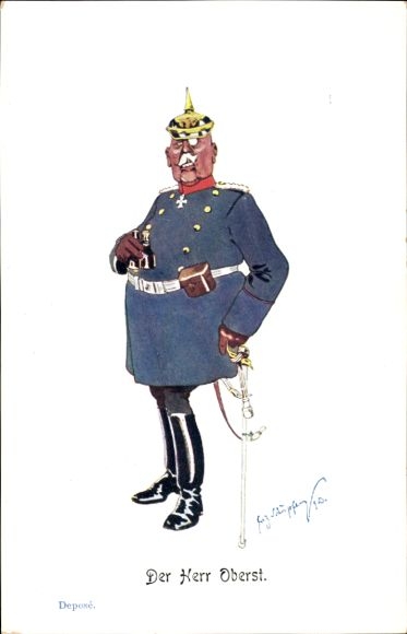 Künstler Ak Schönpflug, Fritz, Herr Oberst, Uniform, Pickelhaube, Karikatur