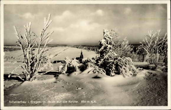 Ak Schellerhau Altenberg im Erzgebirge, Schellerhau, Schnee, Blick auf die Kirche, 850 m N.N.