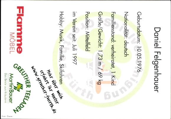 Autograph card footballer Daniel Felgenhauer, SpVgg Greuther Fürth, autograph