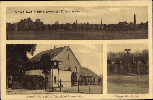 Postcard Hämelerwald Lehrte in Lower Saxony, station restaurant, long view, war memorial