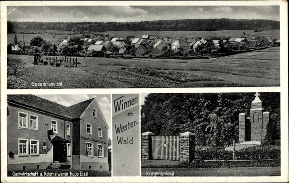 PC Winnen in the Westerwald, war memorial, overall view, inn and colonial goods