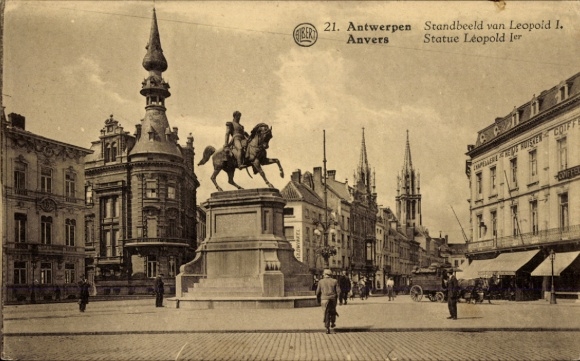 Postkaart Antwerpen Vlaanderen, ruiterstandbeeld van Leopold I, stadsgezicht