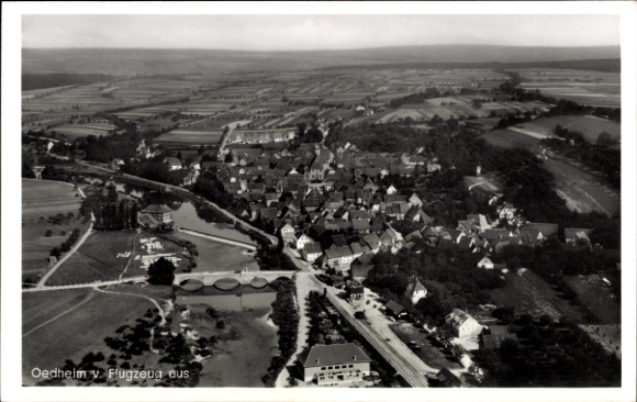 Postcard Oedheim in Baden Württemberg, aerial view of rural surroundings, view of houses