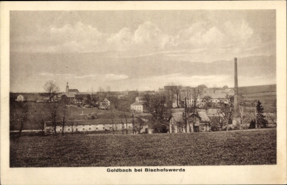 Postcard Goldbach Bischofswerda in the district of Bautzen, field landscape, houses, church tower, factory chimney