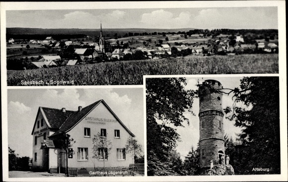 Postcard Seesbach im Soonwald, Panorama, Alteburg, Gasthof Jägersruh, owner Hans Bohr