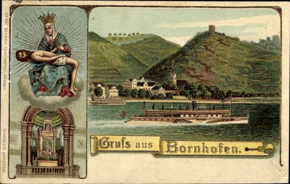 Chromo-Litho Bornhofen am Rhein, saloon steamer, view of the town, castle ruins, holy image