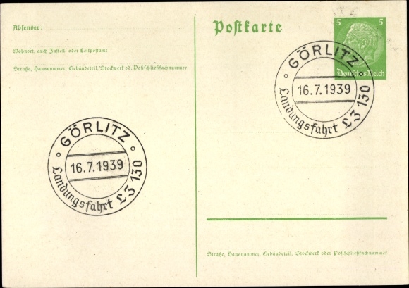 Postwaardestuk ansichtkaart speciaal stempel Görlitz, landingsvlucht LZ 130, 16 juli 1939, luchtschip Graf Zeppelin